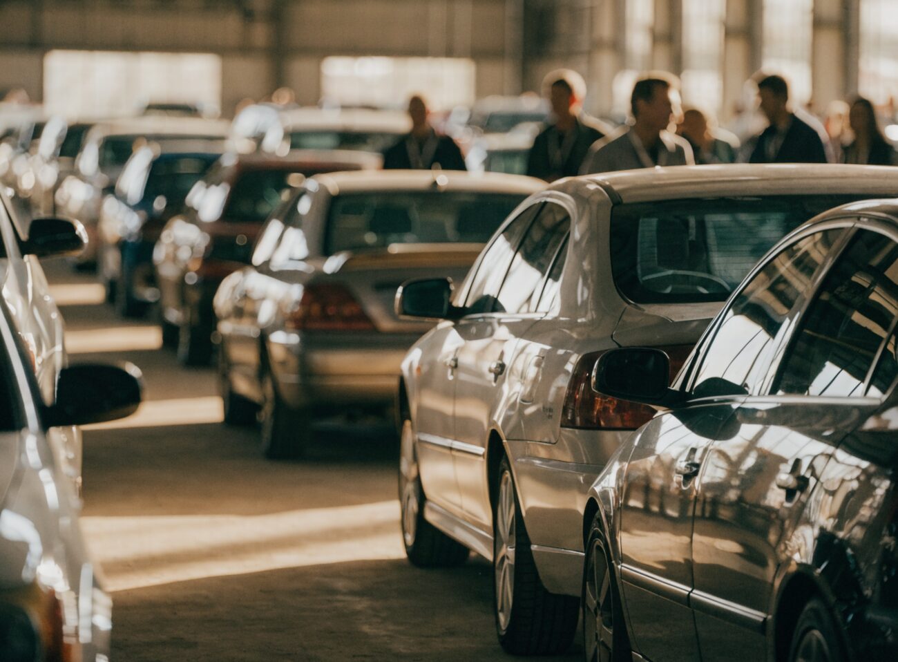 Rows of vehicles lined up on the floor of a dealer auction hall